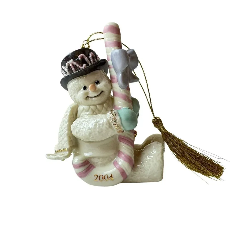 Vintage 2004 Lenox Ivory China‎ 24K Gold Christmas Snowman Ornament Candy Cane